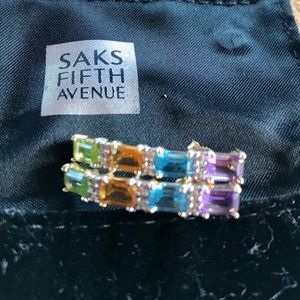 14KT YG diamonds & emerald cut multi stones linear estate quality stud earrings